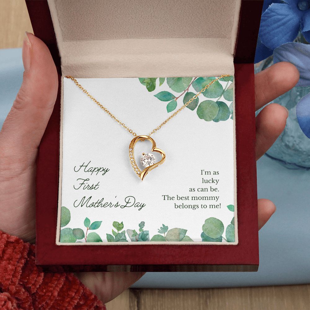 Happy First Mother's Day Gift Heart Necklace, 1st Mother's White or Yellow gold