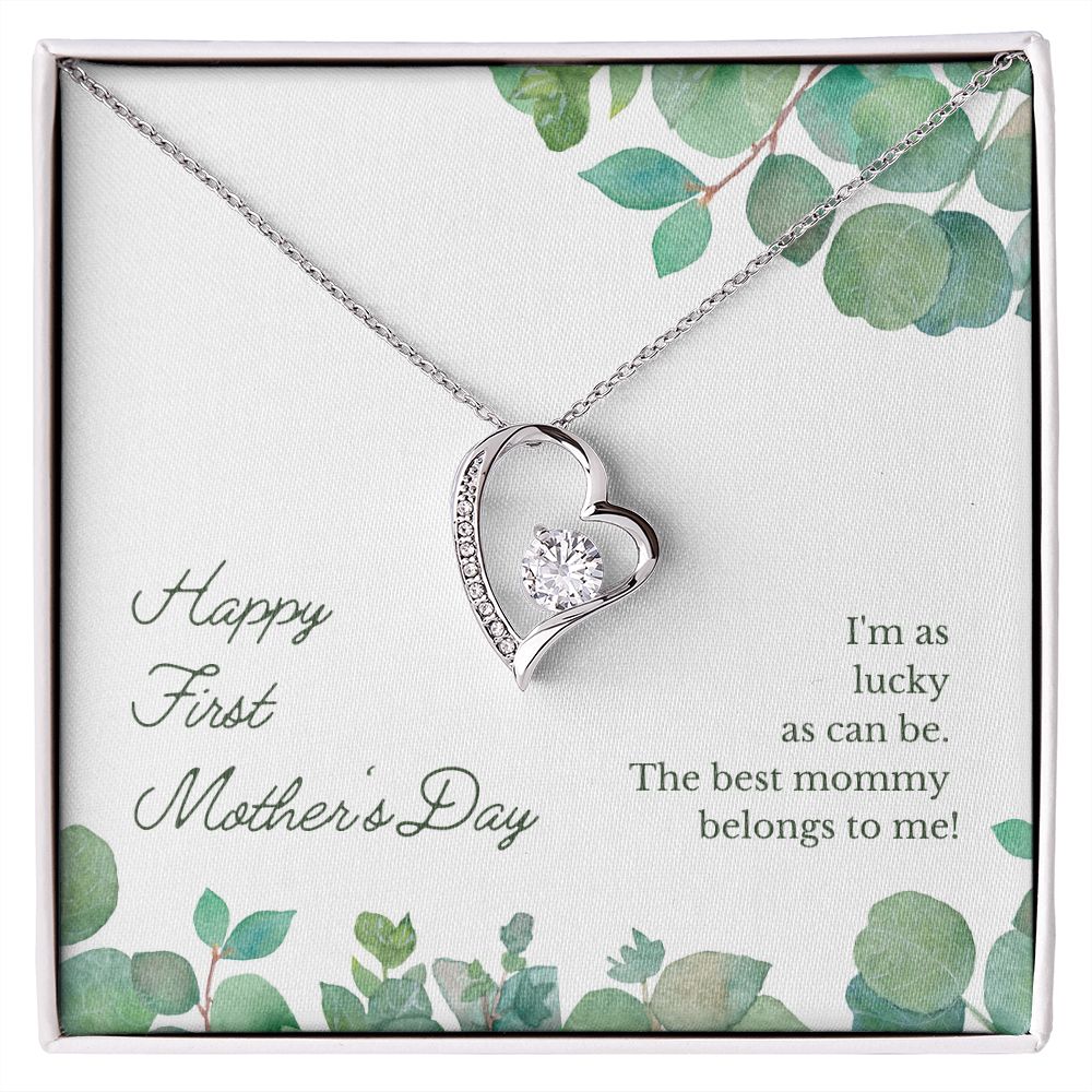 Happy First Mother's Day Gift Heart Necklace, 1st Mother's White or Yellow gold
