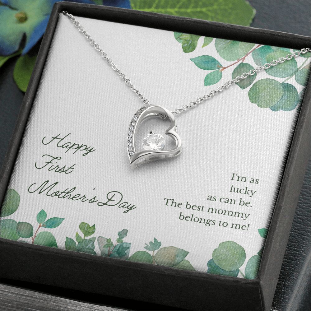 Happy First Mother's Day Gift Heart Necklace, 1st Mother's White or Yellow gold