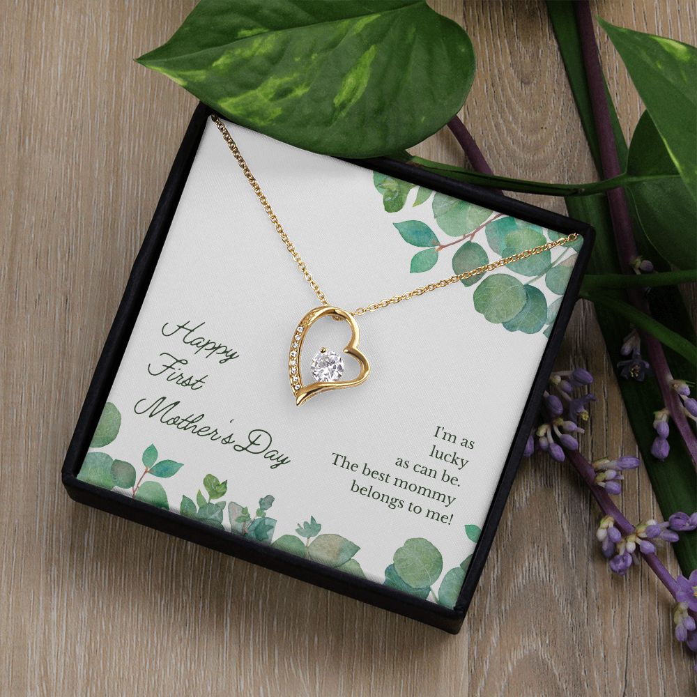 Happy First Mother's Day Gift Heart Necklace, 1st Mother's White or Yellow gold