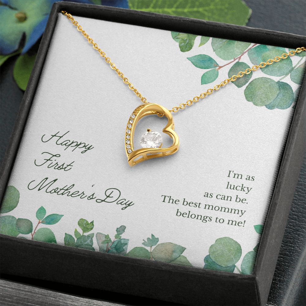 Happy First Mother's Day Gift Heart Necklace, 1st Mother's White or Yellow gold