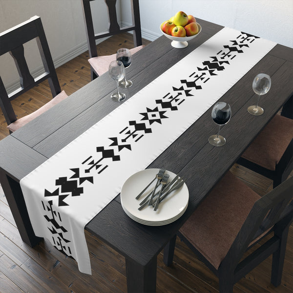 Southwestern Contemporary Table Runner (Cotton, Poly) White Black Bohemian Cloth for Table