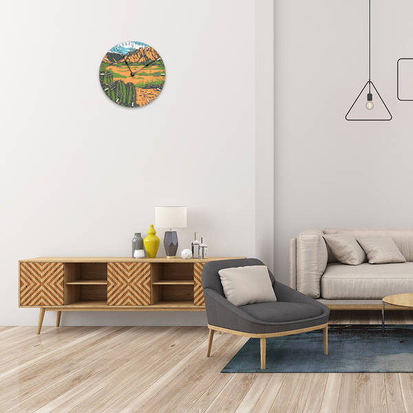 Wall Clock Silent Round Non-ticking Wooden Wall Clock 12" Desert Mountain Scene