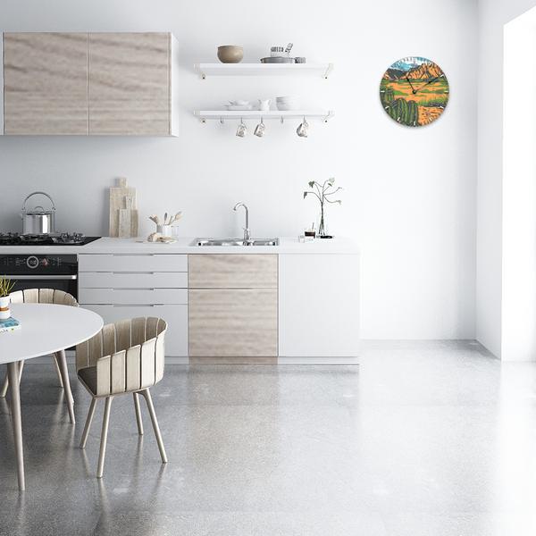 Wall Clock Silent Round Non-ticking Wooden Wall Clock 12" Desert Mountain Scene