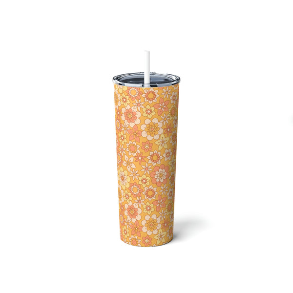 Vaso de acero con pajita, 20 oz, diseño floral
