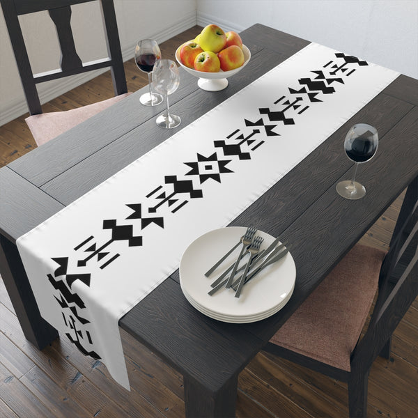 Southwestern Contemporary Table Runner (Cotton, Poly) White Black Bohemian Cloth for Table