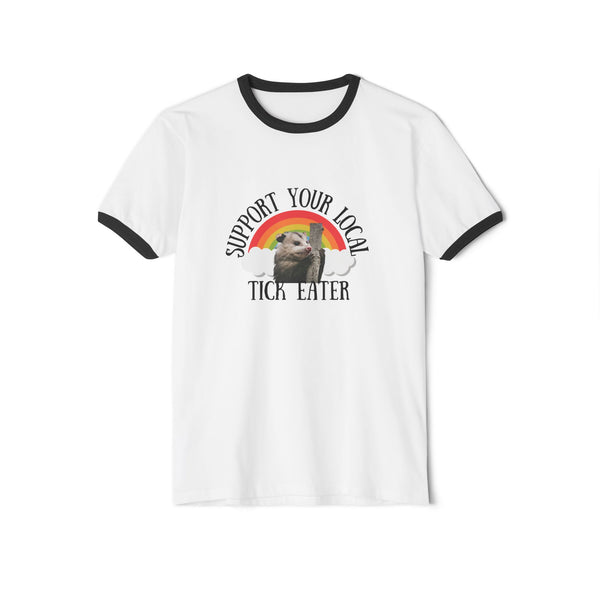 Support Your Local Tick Eater Ringer T-Shirt, Opossum Lover Retro Rainbow Tee