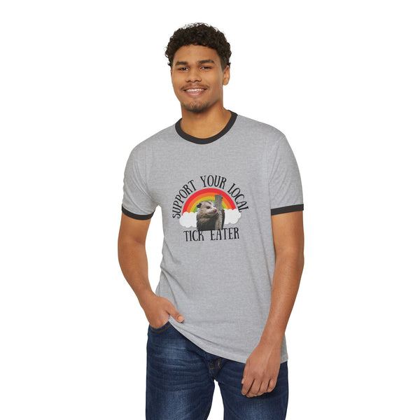 Support Your Local Tick Eater Ringer T-Shirt, Opossum Lover Retro Rainbow Tee