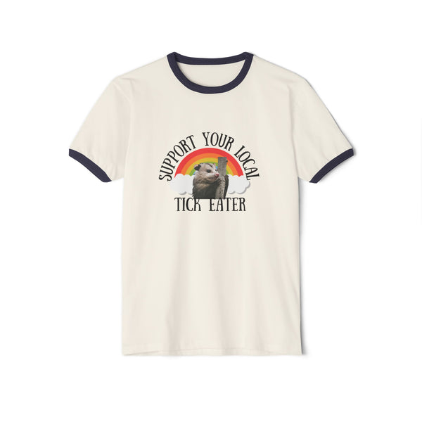Support Your Local Tick Eater Ringer T-Shirt, Opossum Lover Retro Rainbow Tee