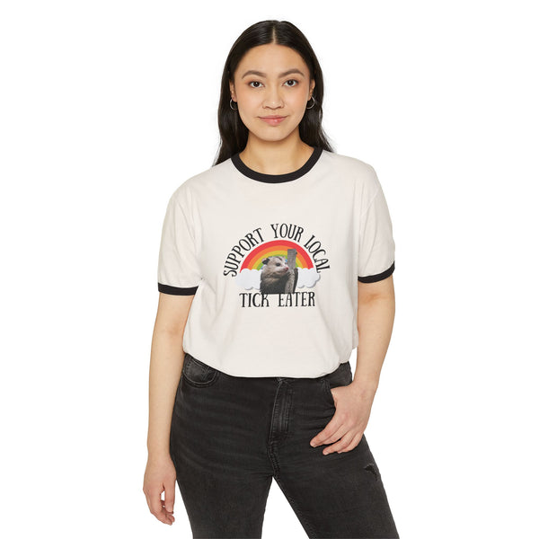 Support Your Local Tick Eater Ringer T-Shirt, Opossum Lover Retro Rainbow Tee