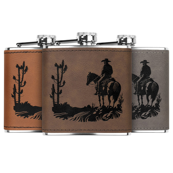 Leather Flask Cowboy Cacti Metal Flask, Men's Flask Gift