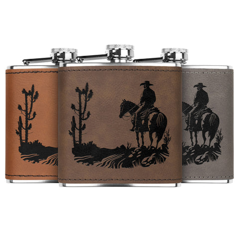 Leather Flask Cowboy Cacti Metal Flask, Men's Flask Gift