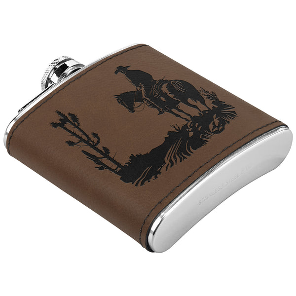 Leather Flask Cowboy Cacti Metal Flask, Men's Flask Gift