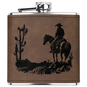 Leather Flask Cowboy Cacti Metal Flask, Men's Flask Gift