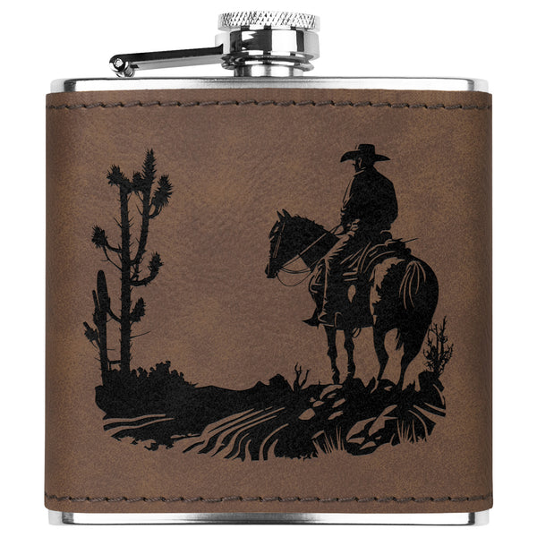 Leather Flask Cowboy Cacti Metal Flask, Men's Flask Gift