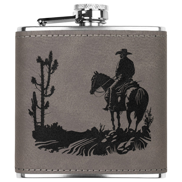 Leather Flask Cowboy Cacti Metal Flask, Men's Flask Gift