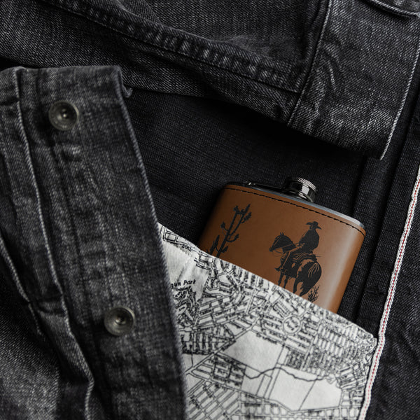 Leather Flask Cowboy Cacti Metal Flask, Men's Flask Gift
