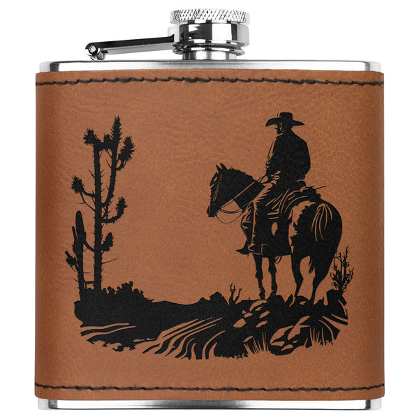 Leather Flask Cowboy Cacti Metal Flask, Men's Flask Gift