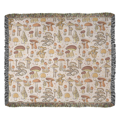 Mushroom Blanket with Fringe, Heirloom Woven Mushroom Blanket 100% Cotton 50" x 60"