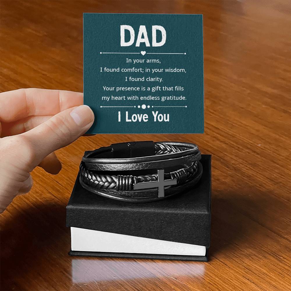 Gift for Dad Leather Cross Bracelet with Message Card, Dad Gifts Birthday Christmas