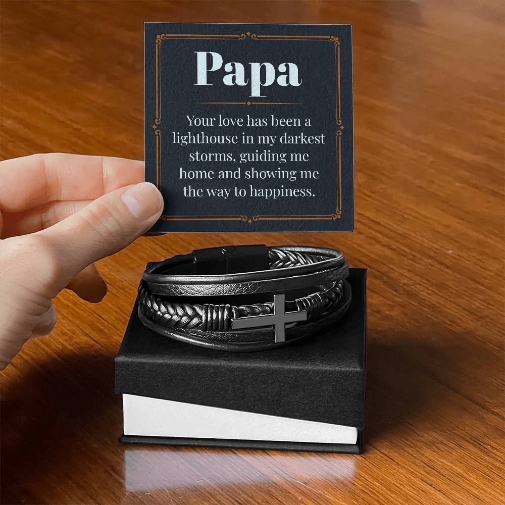 Gifts for Papa Cross Pendent Leather Bracelet, Gifts for Dad Gifts for Grandpa