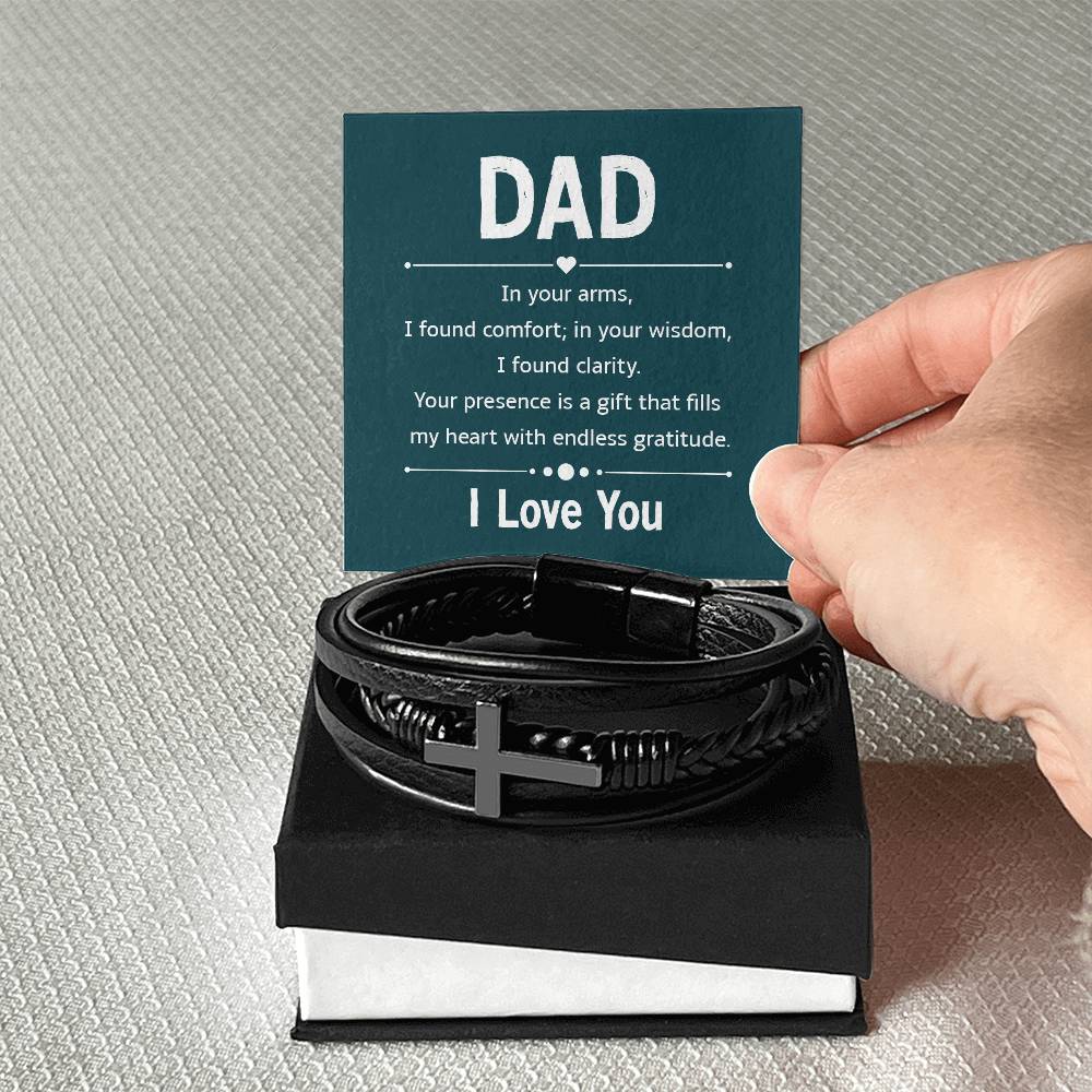 Gift for Dad Leather Cross Bracelet with Message Card, Dad Gifts Birthday Christmas