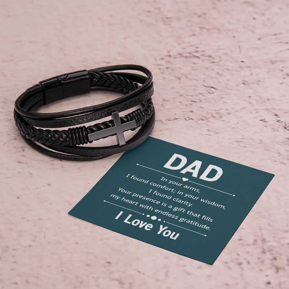 Gift for Dad Leather Cross Bracelet with Message Card, Dad Gifts Birthday Christmas