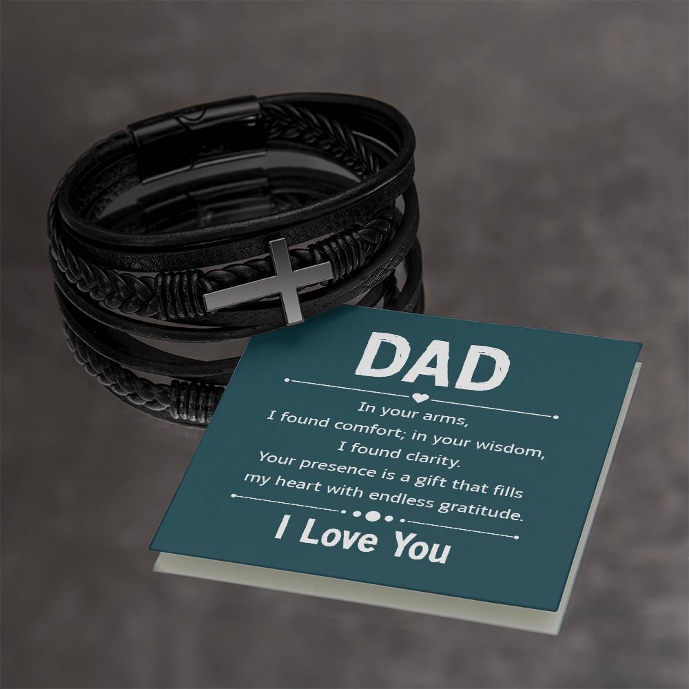 Gift for Dad Leather Cross Bracelet with Message Card, Dad Gifts Birthday Christmas