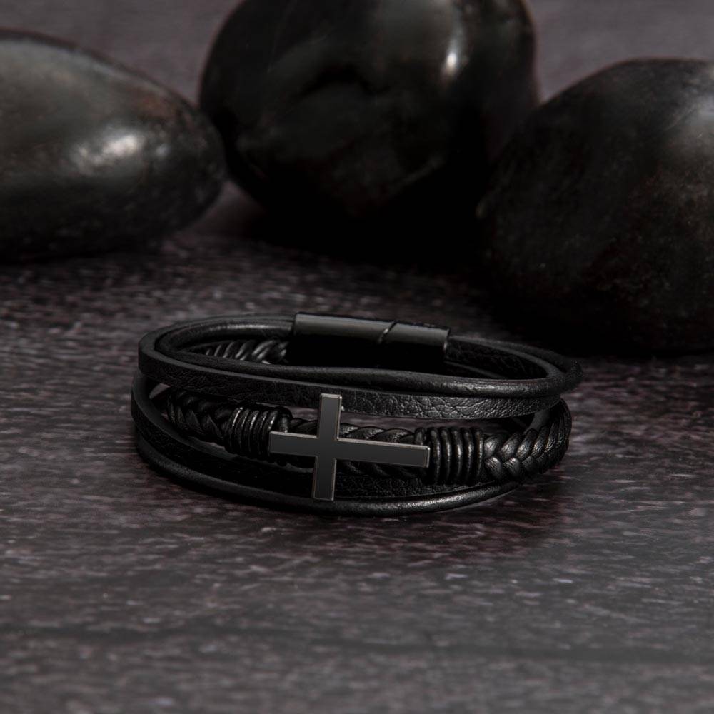 Gift for Dad Leather Cross Bracelet with Message Card, Dad Gifts Birthday Christmas