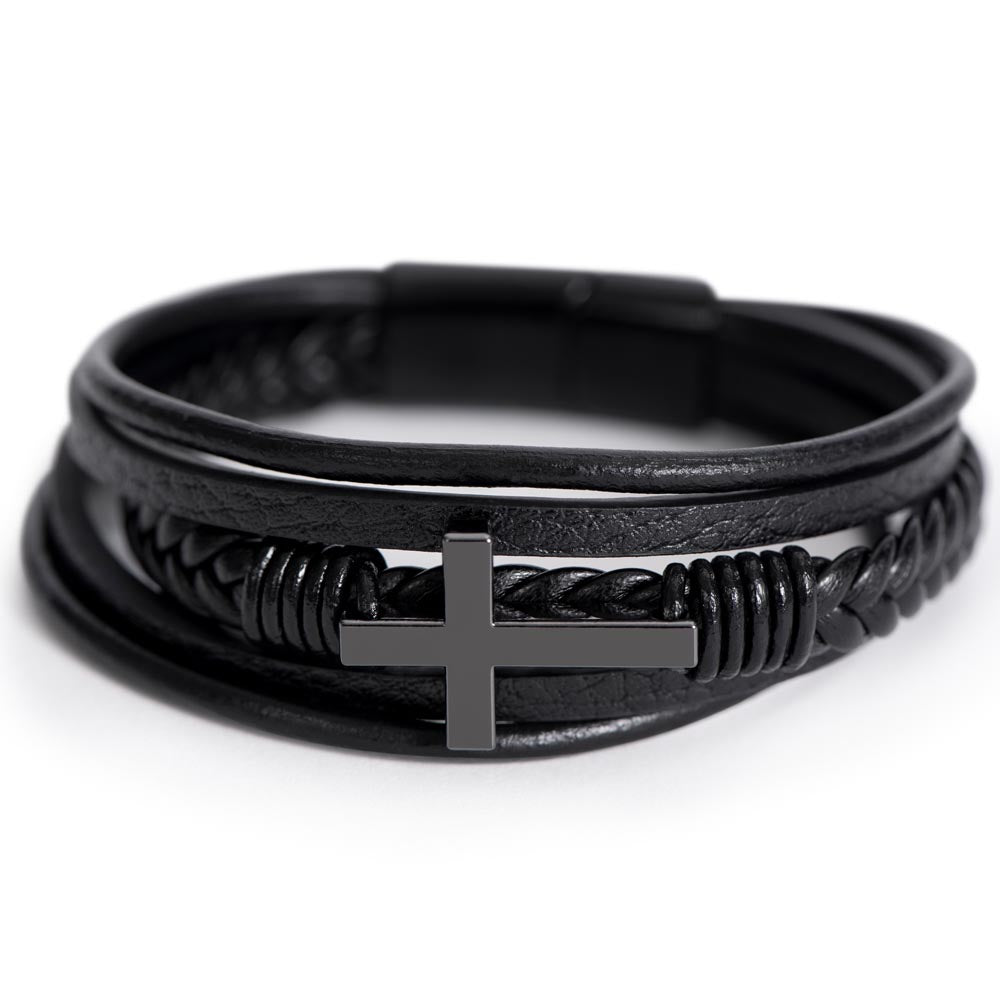Gift for Dad Leather Cross Bracelet with Message Card, Dad Gifts Birthday Christmas