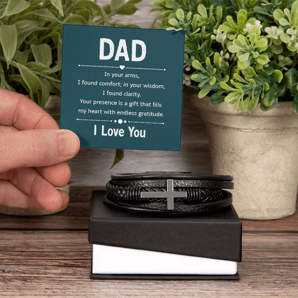 Gift for Dad Leather Cross Bracelet with Message Card, Dad Gifts Birthday Christmas