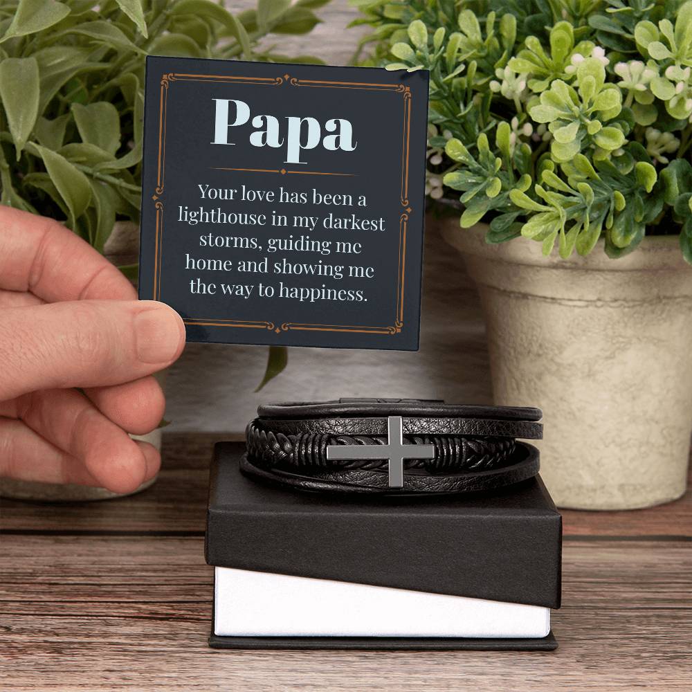 Gifts for Papa Cross Pendent Leather Bracelet, Gifts for Dad Gifts for Grandpa