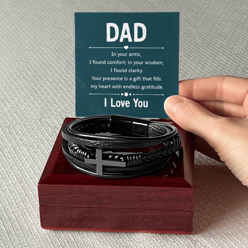 Gift for Dad Leather Cross Bracelet with Message Card, Dad Gifts Birthday Christmas