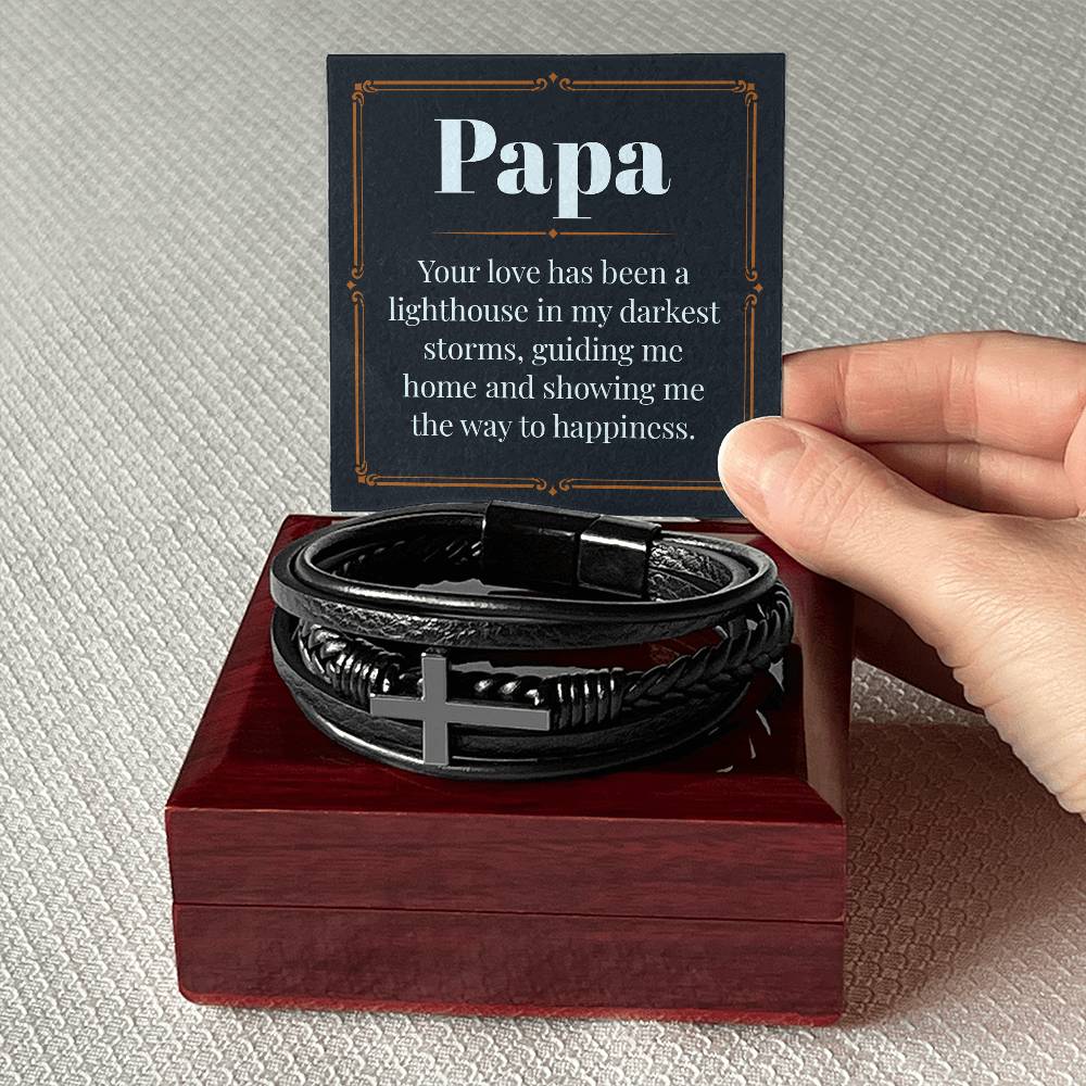 Gifts for Papa Cross Pendent Leather Bracelet, Gifts for Dad Gifts for Grandpa
