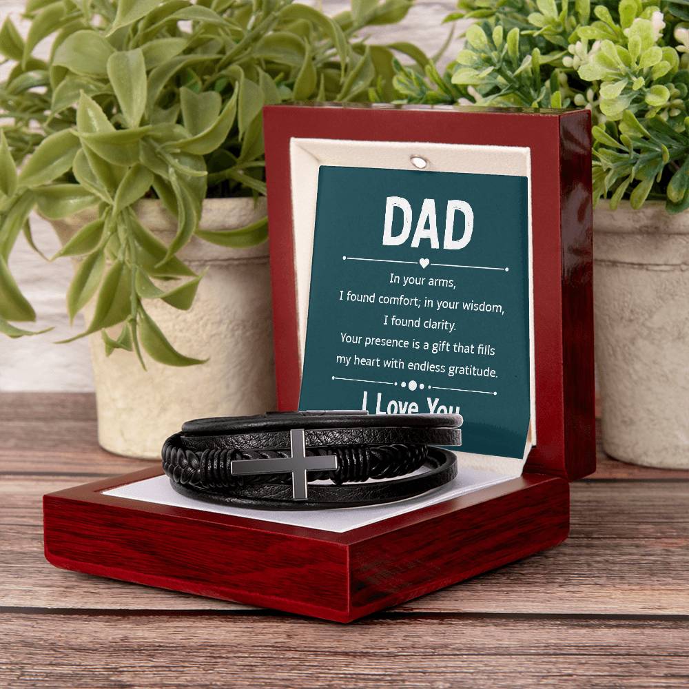 Gift for Dad Leather Cross Bracelet with Message Card, Dad Gifts Birthday Christmas