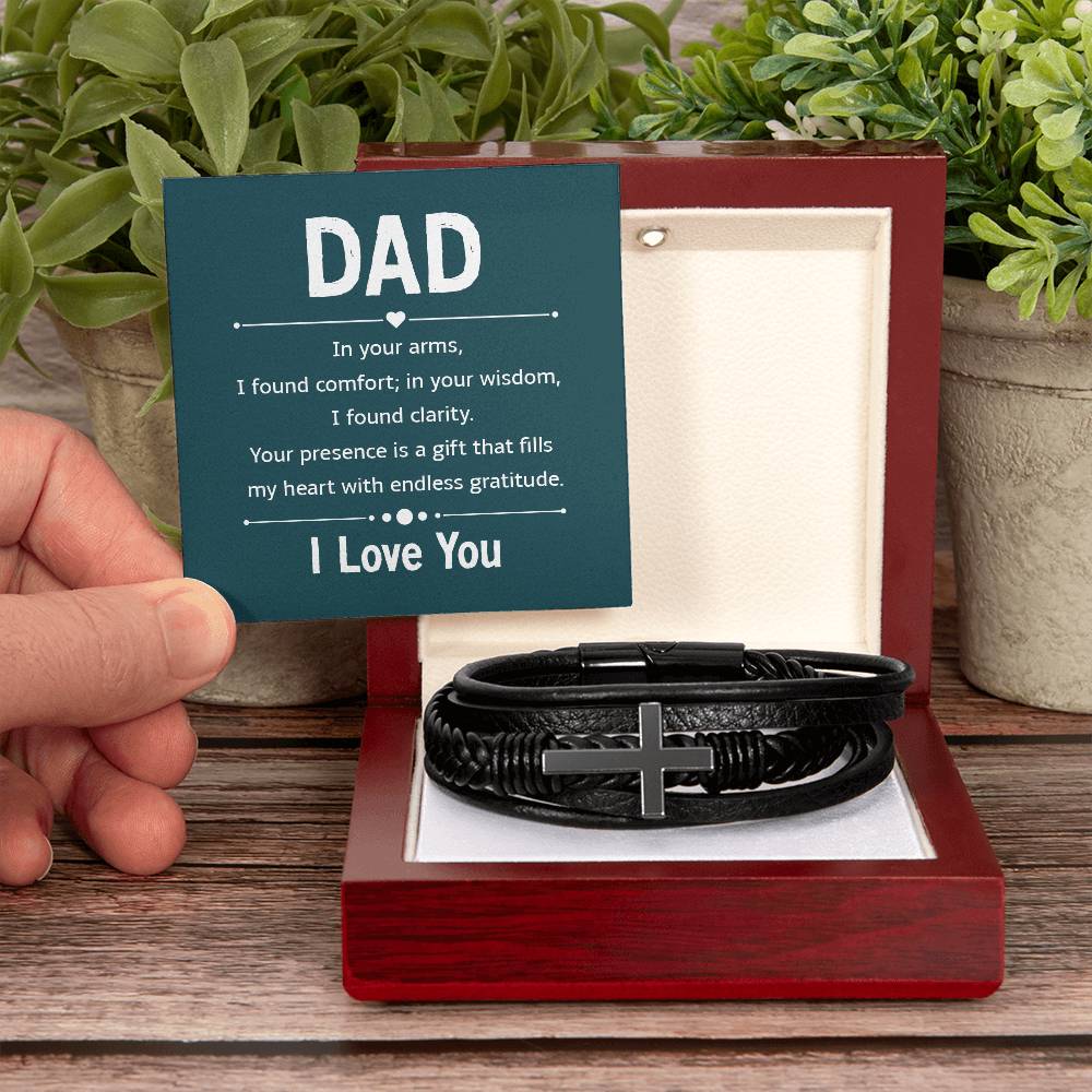 Gift for Dad Leather Cross Bracelet with Message Card, Dad Gifts Birthday Christmas