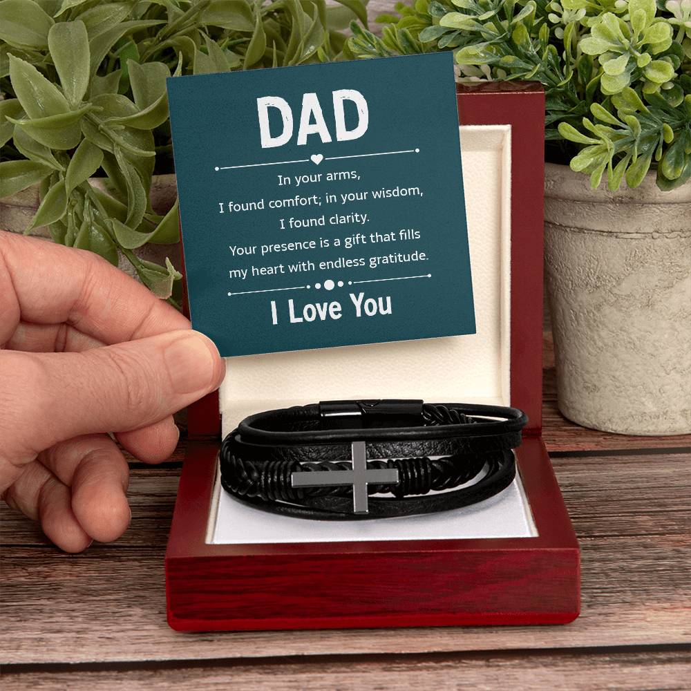 Gift for Dad Leather Cross Bracelet with Message Card, Dad Gifts Birthday Christmas