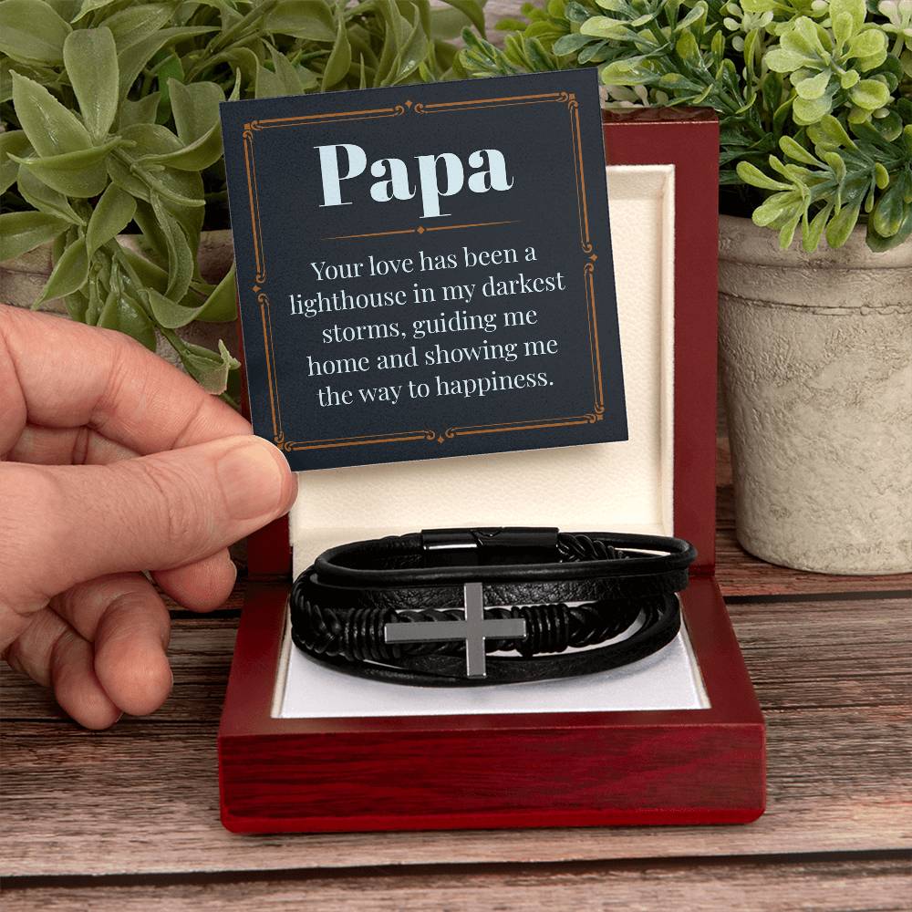 Gifts for Papa Cross Pendent Leather Bracelet, Gifts for Dad Gifts for Grandpa