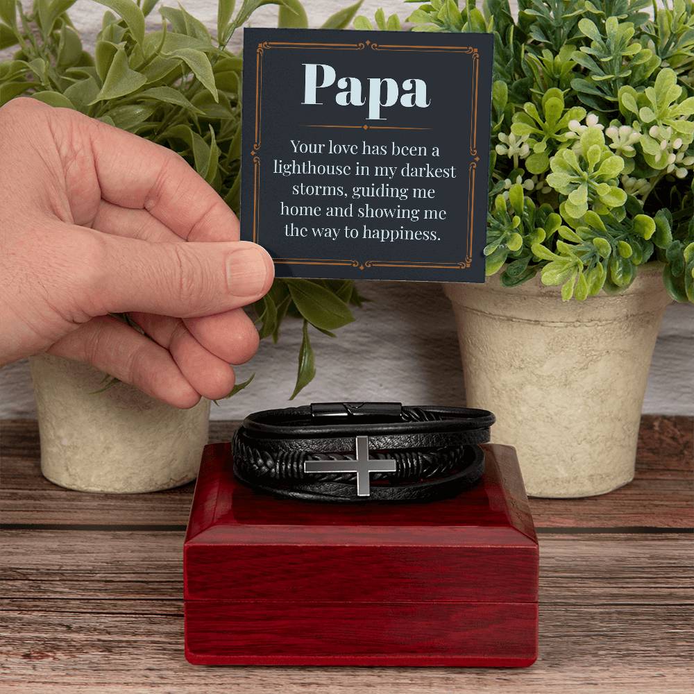 Gifts for Papa Cross Pendent Leather Bracelet, Gifts for Dad Gifts for Grandpa