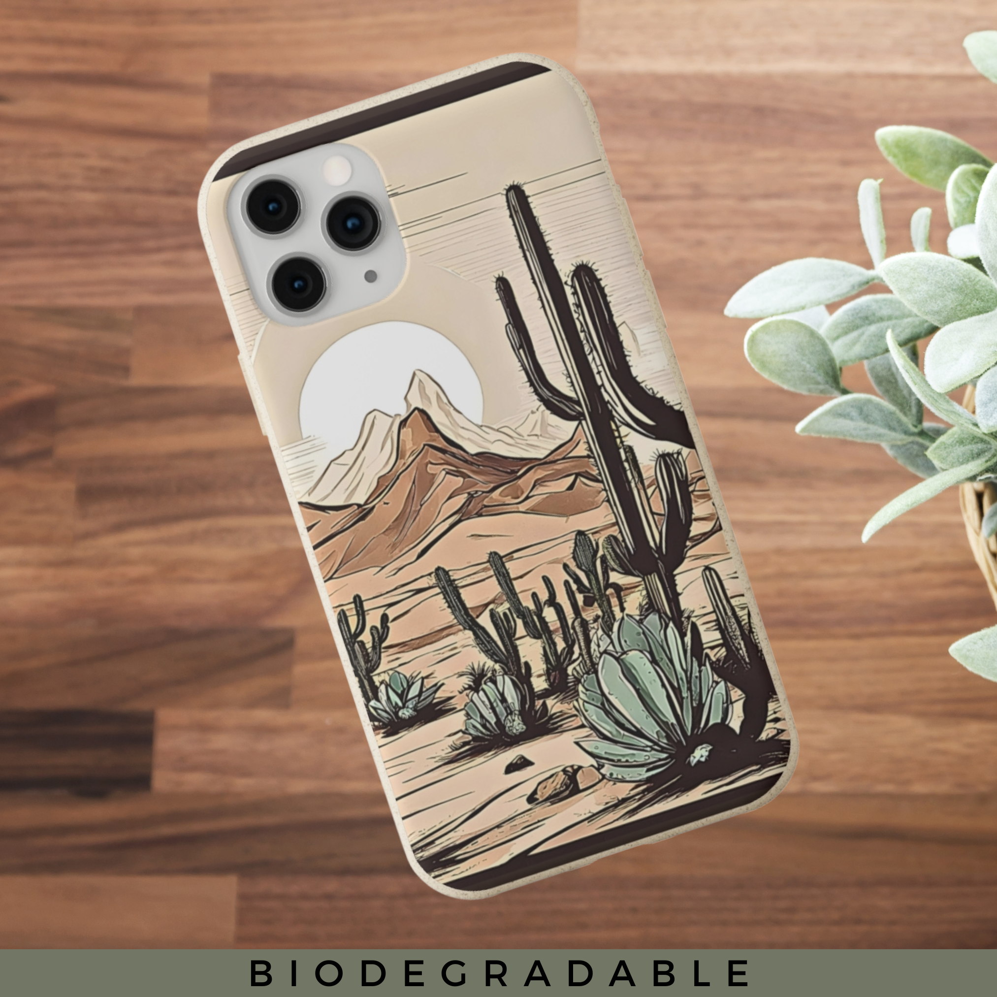 Funda para teléfono, carcasa biodegradable para iPhone Samsung con escena rústica del desierto, estampado de cactus ecológico y sostenible, regalo de árbol de Josué de Arizona