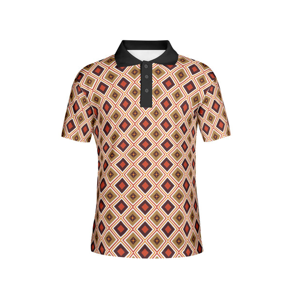 Men's Retro Geometric Polo Shirt, Collared White or Black