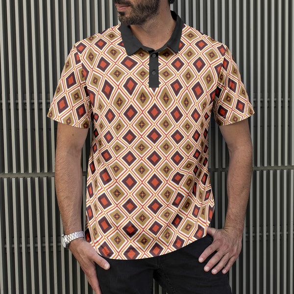 Men's Retro Geometric Polo Shirt, Collared White or Black