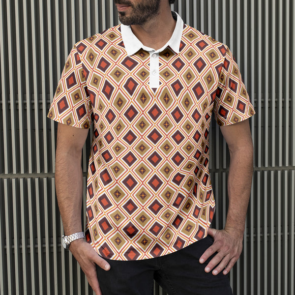 Men's Retro Geometric Polo Shirt, Collared White or Black