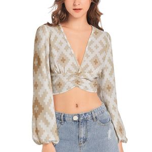 Women's Deep V-Neck Lantern Sleeve Crop Top Sierra Cloud