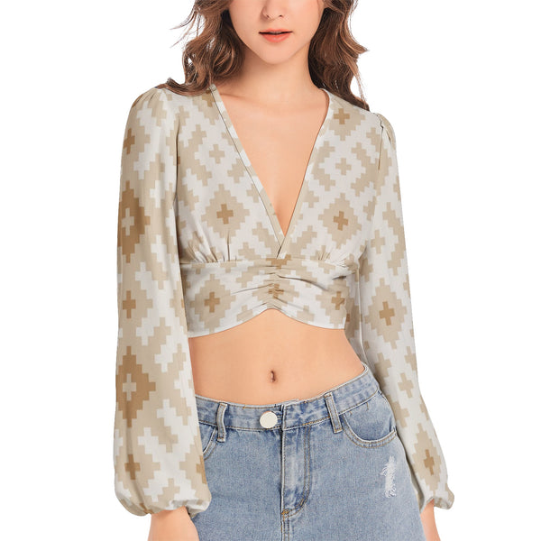 Women's Deep V-Neck Lantern Sleeve Crop Top Sierra Cloud