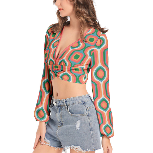 Women's Deep V-Neck Lantern Sleeve Crop Top