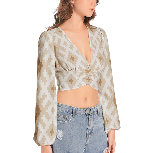 Women's Deep V-Neck Lantern Sleeve Crop Top Sierra Cloud
