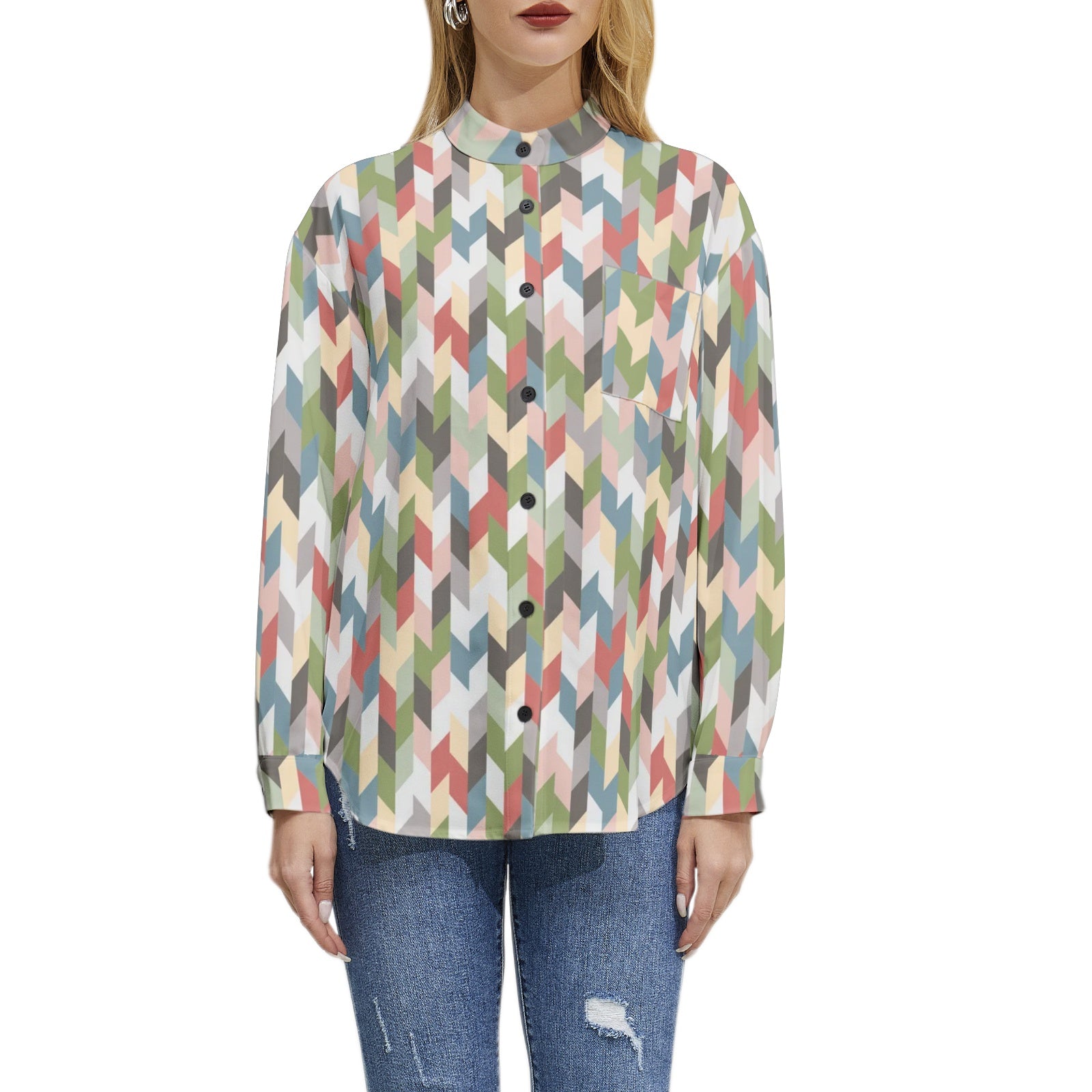 Pastel Retro Long Sleeve Button Up Casual Shirt Top