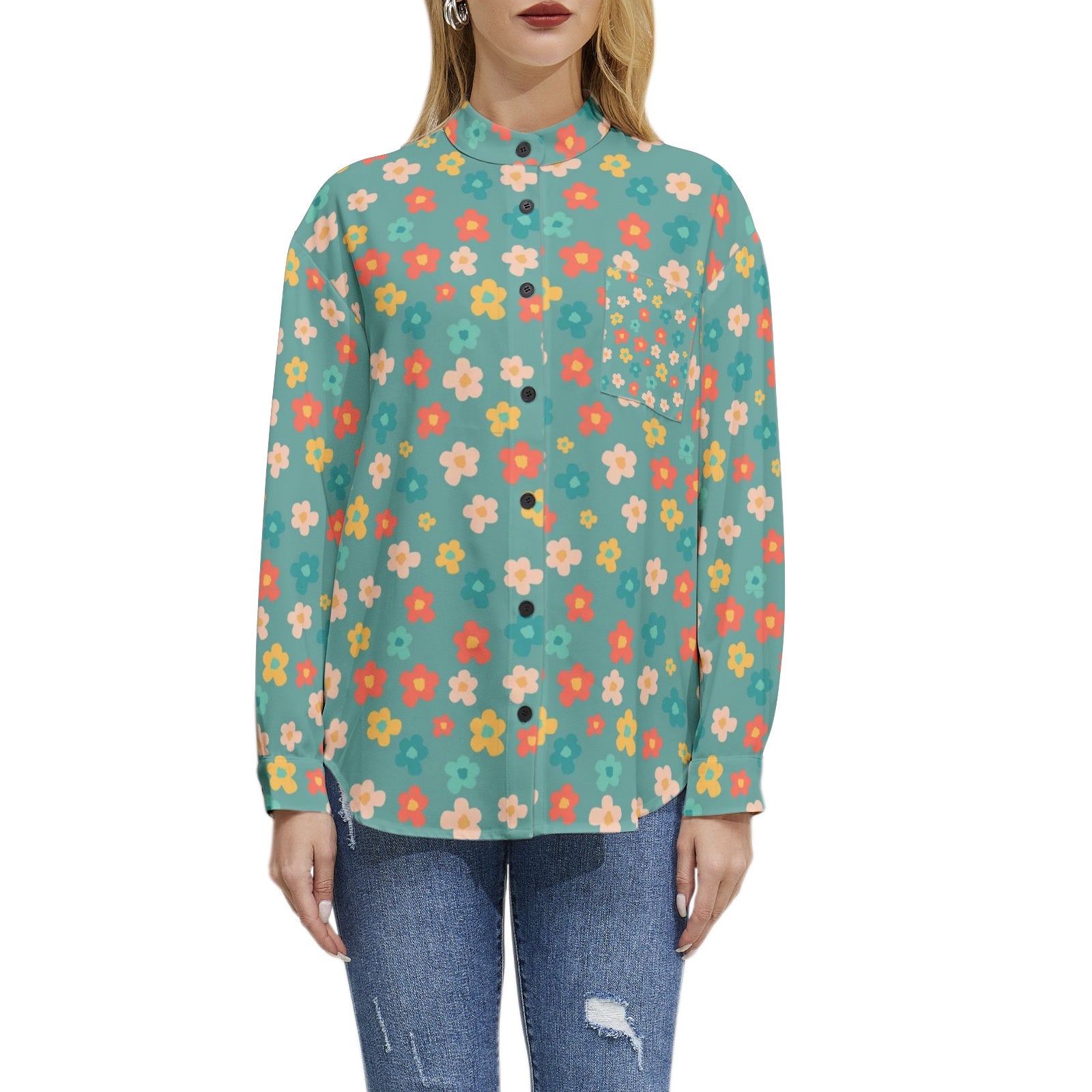 Long Sleeve Button Up Casual Shirt Top Floral Blue Print