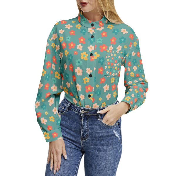 Long Sleeve Button Up Casual Shirt Top Floral Blue Print